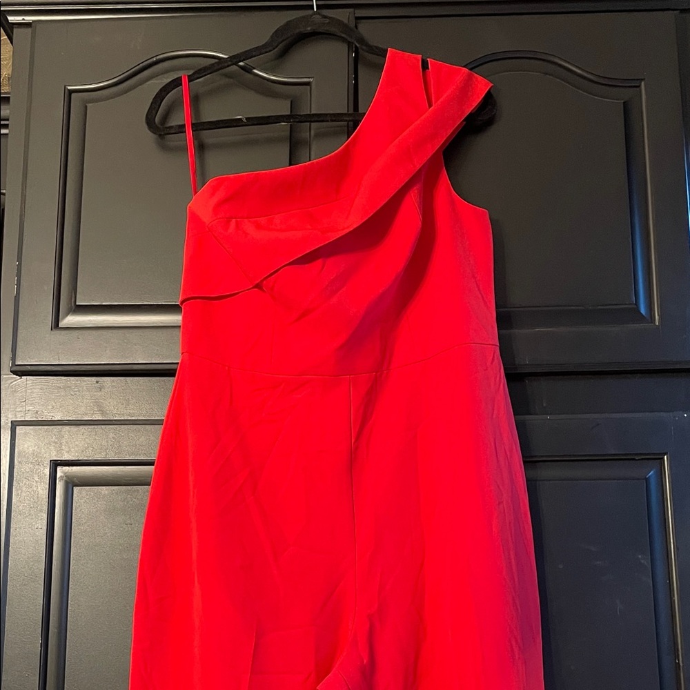 BCBG Maxazria Elegant Red One-Shoulder Jumpsuit.